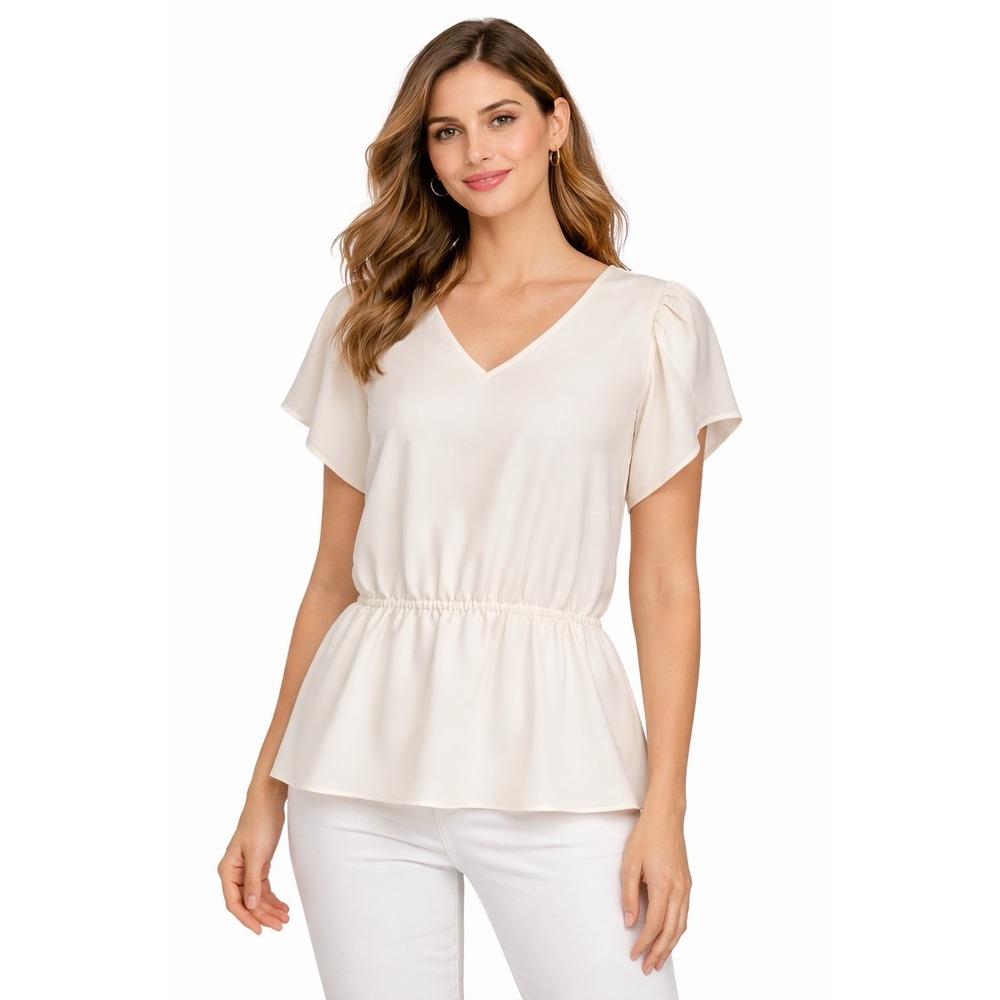 Nine West Womens Blouse L Ivory V Neck Flutter Sleeve Peplum Top Elegant